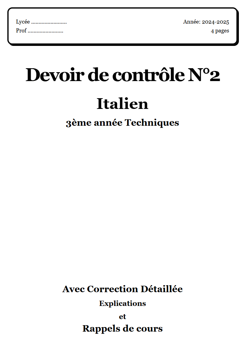 Devoir de contrôle 2 Italien 3ème année Techniques corrigé Sujet 1 Tunisie"