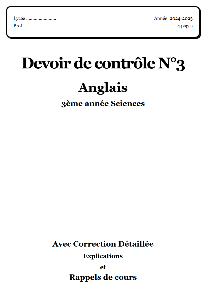 Devoir de contrôle 3 English 3ème année Sciences corrigé Sujet 1 Tunisie"