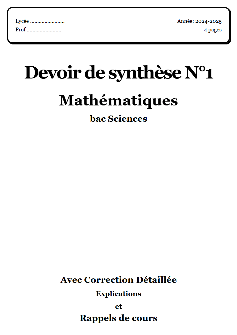 Devoir de synthèse 1 Maths bac Sciences corrigé Sujet 2 Tunisie"