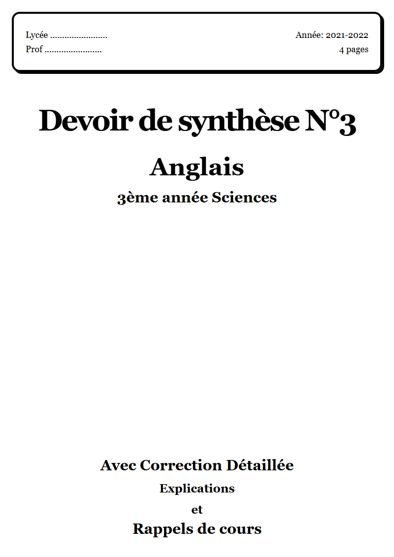 Devoir de synthèse 3 English 3ème année Sciences corrigé Sujet 1 Tunisie"