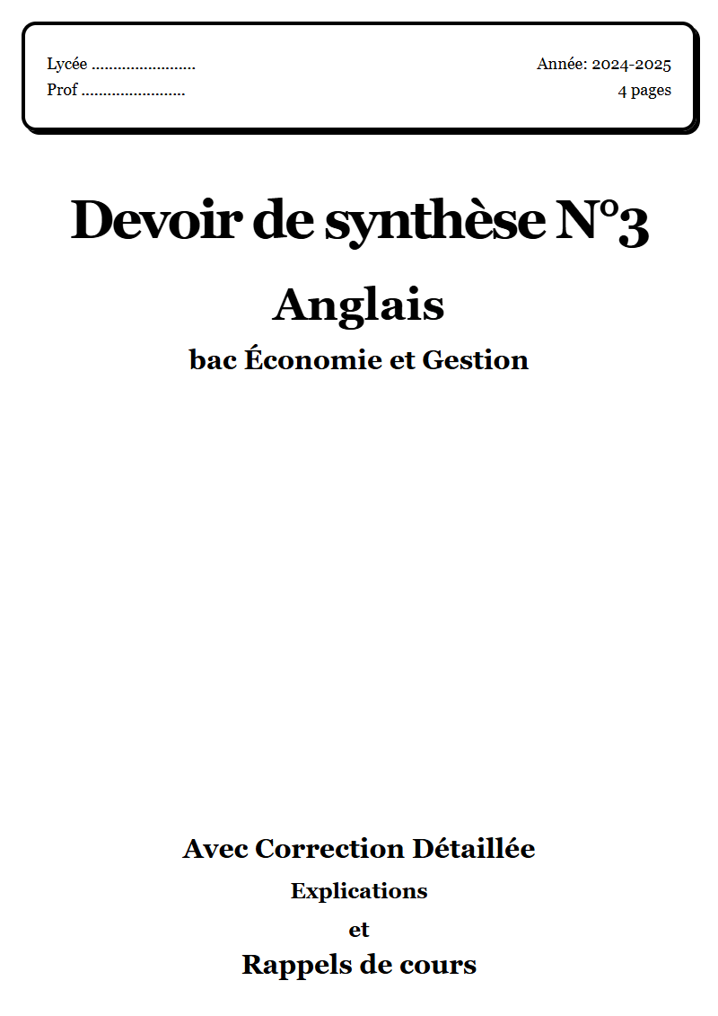 Devoir de synthèse 3 English bac Économie et Gestion corrigé Sujet 1 Tunisie"